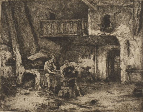 Two men at an anvil in the smithy, print, printmaker: Willem Linnig (II), 1864, paper, etching, intaglio printmaking technique, height 197 mm x width 252 mm, smith, blacksmith, tools, aids, implements, crafts and industries: anvil, A detailed monochrome etching shows two men working at a forge in a rustic courtyard with rough stone walls and archways. One man leans forward, hammering on an anvil while the other stands nearby holding a long tool and watching. Above them a wooden balcony with vertical slats spans the scene, and a ledge and overhang cast shadows across the courtyard. The surfaces of the walls and ground are textured with dense crosshatching, and organic shapes of wear and vegetation appear along the stone. Various architectural openings and recesses are visible around the workspace, and tools and scattered materials lie on the ground near the figures.