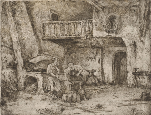 Two men at an anvil in the smithy, print, printmaker: Willem Linnig (II), 1864, paper, etching, intaglio printmaking technique, height 197 mm x width 252 mm, smith, blacksmith, tools, aids, implements, crafts and industries: anvil, An etching of an old courtyard scene rendered in fine dark lines on a light background shows a stone balcony with carved balusters above a shadowed area, a cloth draped over the railing, rough textured walls with niches and an archway, and two men in period clothing working near a wooden wheelbarrow and tools; one man leans on a staff while the other bends over the wheelbarrow, with scattered objects and stones on the ground, a low doorway and alcoves set into the walls, and varied crosshatching creating depth and rough surfaces throughout the composition.
