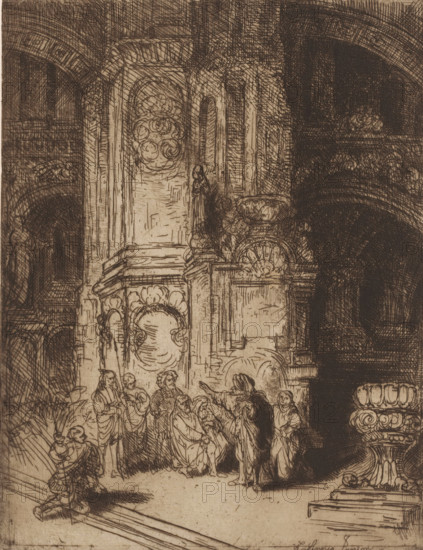 Interior of a synagogue, print, printmaker: Willem Linnig (II), 1876 - 1889, paper, etching, drypoint, intaglio printmaking technique, height 264 mm x width 203 mm, the Synagogue (as building and place of worship, Jewish religion), A detailed sepia-toned etching shows an interior with tall ornate columns and arches, carved decorative panels, and large sculpted capitals. A group of robed figures gathers near the base of a column, some standing and some seated, with gestures suggesting interaction. A figure in dark drapery stands slightly apart, reaching toward the seated figures. Architectural ornamentation with scrollwork and floral motifs fills the upper parts of the scene, while heavy shadowed arches create contrast on one side. Steps and a low platform occupy the foreground, and small figures and a crouching person appear near the lower edges. The overall composition emphasizes vertical stonework, intricate line work, and contrasts of light and dark.