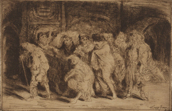 Group of beggars, print, printmaker: Willem Linnig (II), 1852 - 1890, paper, etching, drypoint, intaglio printmaking technique, etching and drypoint with plate tone, height 174 mm x width 267 mm, beggars' procession, A sepia-toned etching shows a group of figures clustered beneath a series of shadowed arches. The figures wear tattered, flowing garments and some have cloaks or hoods; one figure at the left leans forward with a staff and a small lantern on the ground, while several central figures face each other in animated postures and gestures. A crouched figure with long hair is positioned near the front, and a few faces with beards or head coverings are visible among the crowd. Heavy cross-hatched shading fills the background, creating strong contrast with the lighter, more detailed lines used for the clothing and faces.