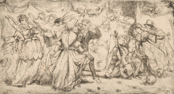 Dancing couples with a duo of strings, print, printmaker: Willem Linnig (II), 1852 - 1890, paper, etching, intaglio printmaking technique, height 144 mm x width 269 mm, more than one couple dancing, musician at work, string instruments (bowed), A wide ink drawing shows a crowded indoor scene with a group of people dancing and musicians playing. Women in long dresses with full skirts and fitted bodices move with raised arms and joined hands, their hair arranged in buns or covered with headscarves, while men in coats and hats stand or lean among them. Garlands and draped fabric hang above the group. On the right, a standing musician plays a violin and a seated musician leans over a large stringed instrument held between his knees, with a bow near the strings. The figures are rendered with fine cross-hatched lines and flowing contours, and small scattered floral shapes lie on the floor beneath their feet. The overall palette is monochrome ink on a light background.