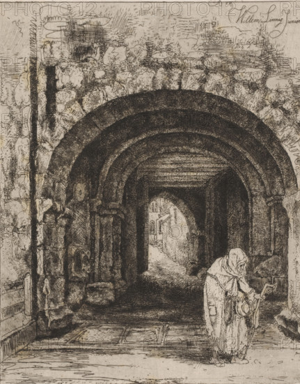 Entrance gate of the Wartburg in Eisenach, L'entreé de la Warthbourg, print, workshop stamp: 'Antwerpsche Etsers 1880', printmaker: Willem Linnig (II), 1880 - 1890, Willem Linnig (II), printmaker, paper, etching, drypoint, intaglio printmaking technique, etching and drypoint with plate tone, height 288 mm x width 217 mm, old woman, city-gate, Thuringia, Wartburg, Eisenach, A detailed ink drawing of a stone archway and interior passage rendered in fine crosshatching, showing concentric rounded arches leading into a dark vaulted corridor with textured stone blocks and worn masonry, a cloaked figure standing near the entrance wearing a hooded robe and holding a staff with a circular object at the waist, rough stone walls with carved reliefs and irregular stones, a tiled floor with visible slabs and lines, subtle variations in shading that suggest depth and shadow, and a small bright opening at the far end revealing part of an exterior building facade.