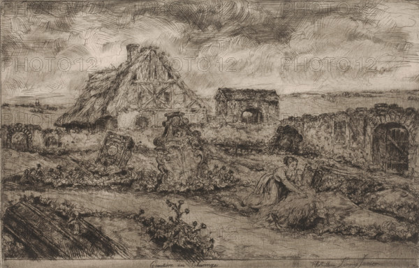 Cimetière en Thuringe, Kerkhof van Thuringen, print, printmaker: Willem Linnig (II), 1876 - 1889, paper, etching, drypoint, intaglio printmaking technique, height 214 mm x width 331 mm, churchyard, cemetery, farm or solitary house in landscape, Thuringia, A detailed monochrome etching shows a rural scene with a thatched building having exposed timber framing and a chimney, a smaller stone structure with an arched opening, and a low stone wall punctuated by ornate tombstones and carved monuments. In the foreground a woman in a long dress is kneeling and gathering or arranging vegetation near a cart wheel, while beds of plants and scattered stones fill the ground. Rolling fields and low hedgerows extend toward the distant horizon under a sky filled with layered, hatched clouds, and the overall image is rendered with fine crosshatching and textured linework.