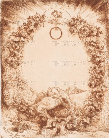 Design for a wedding menu, print, printmaker: Willem Linnig (II), 1889, paper, etching, intaglio printmaking technique, brown print, printed in brown, with plate tone, height 242 mm x width 190 mm, flowers: rose, doves, pigeons, wedding ring, serpent Ouroboros, A sepia-toned illustration with an ornate floral border forming an arch around a blank central area, two hands meeting at the top inside a semicircular sunburst, a circular ring hanging beneath the hands, dense clusters of roses and other flowers along the sides, flowing cloudlike curls and foliage at the bottom, and two birds with wings extended nestled among the clouds and blossoms.