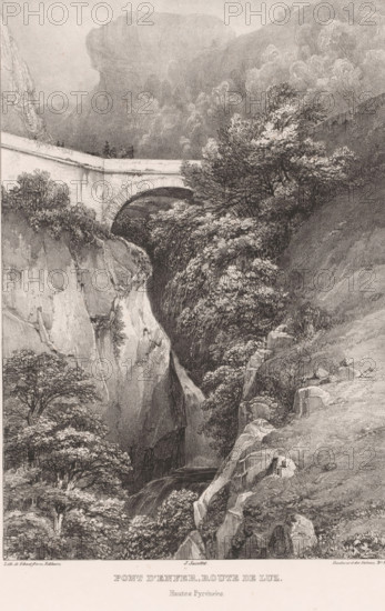 View of the Pont Napoléon near Luz-Saint-Sauveur, Pont d'enfer, route de Luz, Landscapes from the High Pyrenees, Hautes Pyrénées, print, Series number, 30, printmaker: Louis-Julien Jacottet, publisher: Gihaut frères, Paris, 1835 - 1836, Louis-Julien Jacottet, Gihaut frères, printmaker, publisher, paper, lithography, height 538 mm x width 360 mm, landscape with bridge, viaduct or aqueduct, bridge, ravine, chasm, abyss, canyon (landscape with figures, staffage), Luz-Saint-Sauveur, A detailed monochrome landscape showing a stone arch bridge spanning a deep rocky gorge, with a carriage and two small figures visible on the bridge. Steep cliff faces and dense foliage line the chasm beneath the arch, with trees and bushes growing on the slopes. Rocky outcrops and a narrow stream or waterfall run down the gorge. Rolling hills and a large rounded rock formation rise in the background, and a path with scattered stones runs along the right foreground. The image is rendered with fine shading and c...