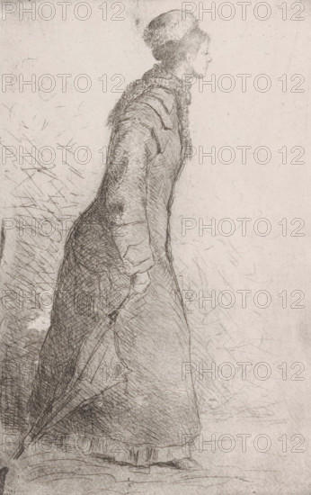 Woman walking with umbrella, print, printmaker: Philip Zilcken, in or before c. 1879, paper, chine collé, etching, drypoint, intaglio printmaking technique, etching and drypoint, with plate tone, on chine collé, height 184 mm x width 119 mm, adult woman, umbrella, strolling, A sketched side view of a woman standing and leaning slightly forward, wearing a long coat with textured shading and a high ruffled collar, a small rounded hat with fluffy detailing, and a skirt visible beneath the coat; one gloved hand holds a closed umbrella down by her side, while the other arm is bent behind her, and the background is sparsely marked with fine, crosshatched lines and light scratches.