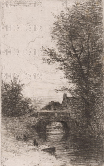 Bridge over a brook, print, A woman washing clothes can be seen under the bridge., printmaker: Philip Zilcken, 1867 - 1890, paper, etching, drypoint, intaglio printmaking technique, zinc etching and drypoint, with plate tone, height 202 mm x width 126 mm, laundering, bridge, A narrow vertical sketch showing a rural scene with a stream running toward the foreground beneath a low stone bridge; tall, densely hatched trees rise along the right side and frame the scene, with more clustered foliage on the left; a small house with a pitched roof and chimney sits partially visible beyond the bridge; a figure is bending over or seated under the bridge near the water, and a small boat lies on the near bank; the sky is pale and largely empty except for faint, wispy lines and a few scattered marks.