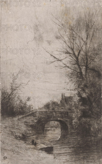 Bridge over a brook, print, A woman washing clothes can be seen under the bridge., printmaker: Philip Zilcken, 1867 - 1890, paper, etching, drypoint, intaglio printmaking technique, zinc etching and drypoint, with plate tone, height 204 mm x width 127 mm, laundering, bridge, A monochrome sketch showing a narrow waterway with rippling reflections in the foreground, a small rowboat moored at the bank, a low arched stone bridge crossing the stream, faint architectural shapes of a house with a pitched roof and chimney visible beyond the bridge, dense clusters of leafless trees and tangled branches framing the right side and scattered shrubs on the left, a pale textured sky occupying the upper area with delicate, wispy marks suggesting clouds.