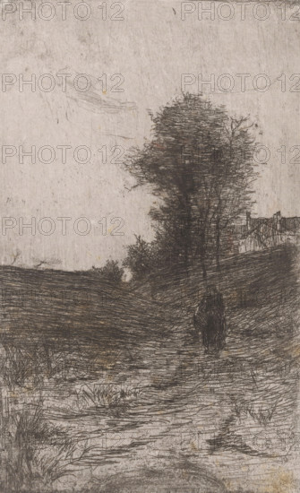 Landscape with trees, houses and walking figure, Soir a Etterbeek (Bruxelles) (original title), print, printmaker: Philip Zilcken (signed by artist), 1867 - 1890, paper, etching, drypoint, intaglio printmaking technique, zinc etching and drypoint, with plate tone, height 234 mm x width 145 mm, low hill country, walking, Etterbeek, A monochrome etched landscape showing a textured sky above a gently sloping terrain, with dense, detailed linear marks forming a tall, leafy tree near the center right and lower clusters of shrubs and grass along a winding path. A solitary, cloaked figure stands on the path facing away, rendered in darker, crosshatched strokes. In the distant right background a suggestion of a simple fence or railing and a low structure appear partially obscured by vegetation. The foreground contains rough, striated ground with tufts of grass and layered scratching that create a worn, weathered appearance across the entire scene.