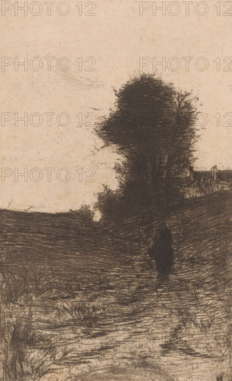 Landscape with trees, houses and walking figure, Soir a Etterbeek (Bruxelles) (original title), print, printmaker: Philip Zilcken (signed by artist), 1867 - 1890, paper, etching, drypoint, intaglio printmaking technique, zinc etching and drypoint, with plate tone, height 232 mm x width 148 mm, low hill country, walking, Etterbeek, A textured sepia background with dark, sketch-like lines forms a landscape scene featuring a winding dirt path flanked by grasses and low vegetation, leading toward a sloping hill where a tall, dense tree with tangled branches and leaves dominates the middle ground; a solitary dark figure stands on the path facing away, and a simple fence and a small cluster of rough structures sit partially obscured near the hilltop, while faint cloudlike markings appear in the sky.
