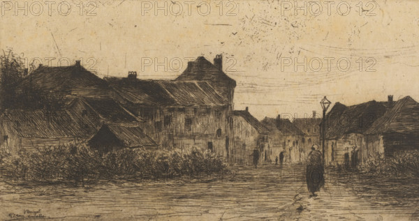 Vleurgat Bruxelles (original title on object), print, View of a village street., printmaker: Philip Zilcken (signed by artist), 1867 - 1890, paper, etching, drypoint, intaglio printmaking technique, zinc etching and drypoint, with plate tone, height 133 mm x width 252 mm, village street, Brussels, A sepia-toned etching of a village street lined with closely packed buildings with pitched roofs and chimneys, rendered in fine dark lines against a lighter sky; low hedges and shrubbery appear along the street edges, and a tall lamppost stands near the right side; a solitary figure wrapped in a cloak walks away from the viewer toward the distant houses while a few other small, shadowy figures are visible further down the street; the sky shows faint linear marks and scattered speckles, and the foreground has textured lines suggesting an uneven surface.