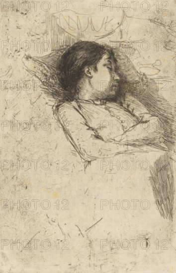 Sommeil (original title), Sleeping girl, print, printmaker: Philip Zilcken, 1867 - 1890, paper, Japanese paper (handmade paper), etching, drypoint, intaglio printmaking technique, zinc etching and drypoint, with plate tone, on Japanese paper, height 230 mm x width 147 mm, girl (child between toddler and youth), sleeping in bed, A sepia-toned sketch of a person lying on their side with head resting on a pillow, dark hair rendered with dense cross-hatching, a visible ear and a softly shaded profile, a beard suggested by short strokes, clothing drawn with light, loose lines and button details along the chest, arms folded across the body, textured pillow edges and surrounding sketchy marks indicating bedding, scattered fine scratches and smudges across the background, and an area of dense vertical strokes at the lower right.