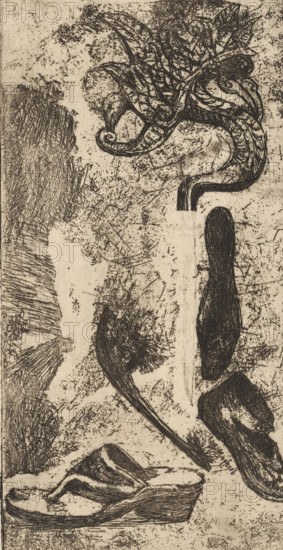 Coin d'atelier (original title), Shoe, sandals and a fantasy figure, print, printmaker: Philip Zilcken, 1867 - 1890, Philip Zilcken, printmaker, paper, etching, drypoint, intaglio printmaking technique, zinc etching and drypoint, with plate tone, height 170 mm x width 88 mm, shoes, sandals, ornament derived from animal forms, A vertical monochrome etching showing a variety of textured, organic and shoe-like forms arranged across a speckled, scratched background; at the top right an elaborate, curving decorative element with leaflike and scroll motifs emerges, its lines dense and crosshatched, while lower on the right a long, dark, slender shape with heavy linear shading sits above an irregular, rounded form that also bears dense crosshatching; toward the center left a curved, elongated object with a tufted, brushlike end and fine, radiating strokes extends diagonally, and near the bottom a low-heeled, slip-on shoe rendered with layered contour lines and shaded surfaces rests on the gro...