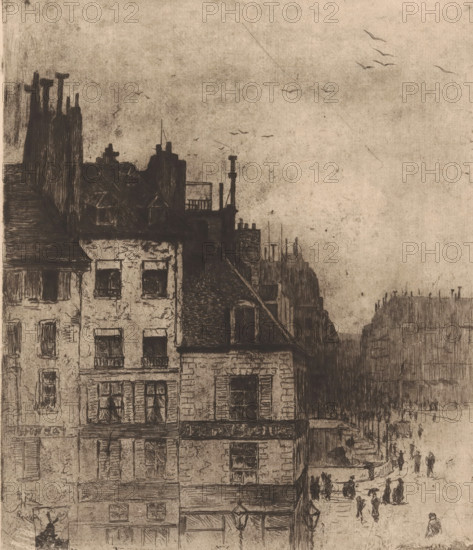 View of the Pont-Neuf in Paris, print, printmaker: Philip Zilcken, Paris, 1883, paper, drypoint, etching, intaglio printmaking technique, height 278 mm x width 235 mm, city-view, and landscape with man-made constructions, A sepia-toned ink drawing showing a row of old buildings with pitched roofs, chimneys, and shuttered windows on the left, detailed hatching and crosshatching marking roof tiles and façade textures, a narrow street running alongside the buildings populated by small, sketch-like figures walking, and a distant row of rooftops fading into the background; the sky above is largely empty with a smear of shading and several simple, V-shaped birds in flight.