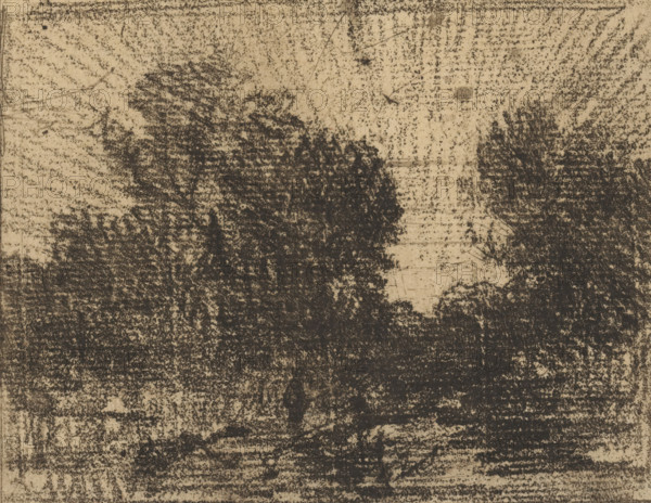 Landscape with trees, print, printmaker: Philip Zilcken, 1867 - 1890, paper, soft-ground etching, varnish made on zinc, height 87 mm x width 109 mm, trees, A textured surface with a beige background covered by dense, irregular dark charcoal smudges and speckles forming broad vertical and horizontal strokes, with areas of heavier dark shading creating rough clustered shapes and lighter beige patches where the marks are sparse, plus faint linear scratches and thin pencil-like lines across the top portion.