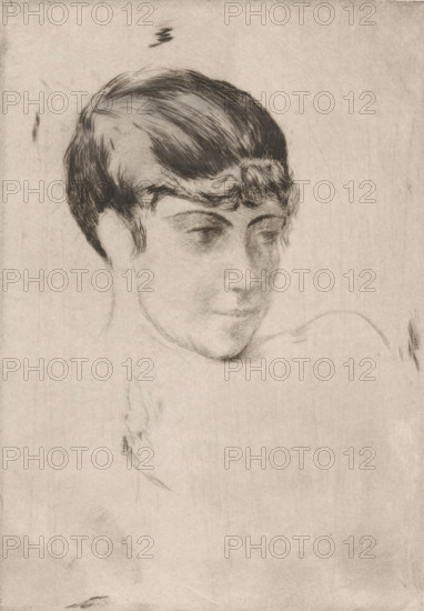 Head of a girl, print, printmaker: Philip Zilcken, 1867 - 1890, paper, drypoint, intaglio printmaking technique, drypoint on zinc, with plate tone, height 198 mm x width 139 mm, adolescent, young woman, maiden, A pencil sketch of a person's head and partial shoulders on a light textured background, showing short, dark hair with a wavy fringe, softly shaded facial features including closed or downcast eyes, a nose, and a faintly smiling mouth, with delicate line work suggesting the neck and shoulder and a few stray sketch marks around the head and lower area.