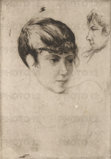 Head of a girl, print, Top right the head of a boy., printmaker: Philip Zilcken, 1867 - 1890, paper, drypoint, intaglio printmaking technique, drypoint on zinc, with plate tone, height 196 mm x width 137 mm, adolescent, young woman, maiden, A lightly sketched portrait of a person shown from the shoulders up with short dark hair and soft facial features facing slightly to the viewer's right, rendered in fine dark lines on a textured light background, with a smaller profile sketch of a second face in the upper right corner looking left, and faint contour lines and smudges visible across the surface.