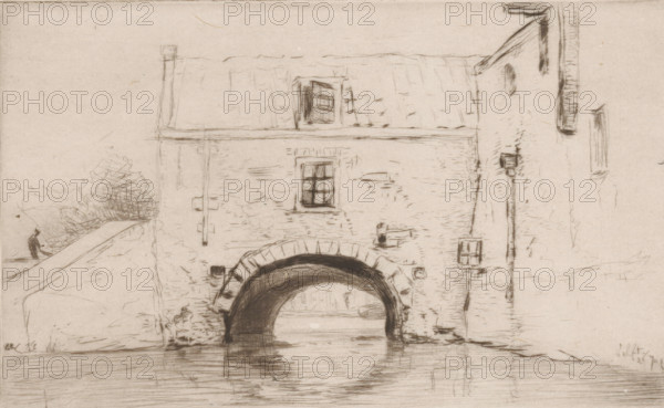 A côte de la Oostpoort, a Delft (original title), View from the canal of the Oostpoort, in Delft, print, printmaker: Philip Zilcken (signed by artist), 1890-06-26, paper, drypoint, intaglio printmaking technique, drypoint on zinc, with plate tone, height 130 mm x width 210 mm, canals, waters (in city), city-gate, Delft, Oostpoort (Delft), A pencil sketch of a stone building with a pitched roof and a central arched opening at ground level leading over water, the arch framed by roughly hewn stones and dark shading inside; above the arch a wall with a small rectangular window divided into panes and a dormer window on the roof; to the left a sloping parapet with a small figure standing near its top and a cluster of loosely sketched foliage behind; to the right a vertical wall with a narrow window and a lamp mounted on a slender pole; subtle reflections and horizontal lines indicate water in the foreground, and light, uneven pencil texture covers the sky and building surfaces.