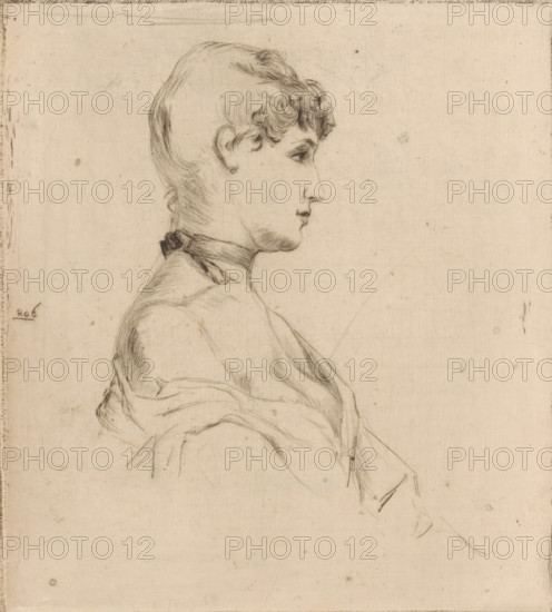 Riki (original title), Portrait of a young woman, print, printmaker: Philip Zilcken, 1890 - 1913, paper, drypoint, intaglio printmaking technique, drypoint on zinc, with plate tone, height 158 mm x width 143 mm, historical persons, adolescent, young woman, maiden, A lightly sketched profile of a person facing right occupies the upper left area of the image, showing short wavy hair, a defined brow, nose, lips, and chin rendered with fine pencil or etching lines; the neck is wrapped with a simple band and the shoulders are draped in loose, flowing fabric with soft folds and contour lines; the background is a plain, aged paper surface with faint smudges, small spots, and subtle guide marks scattered across it.