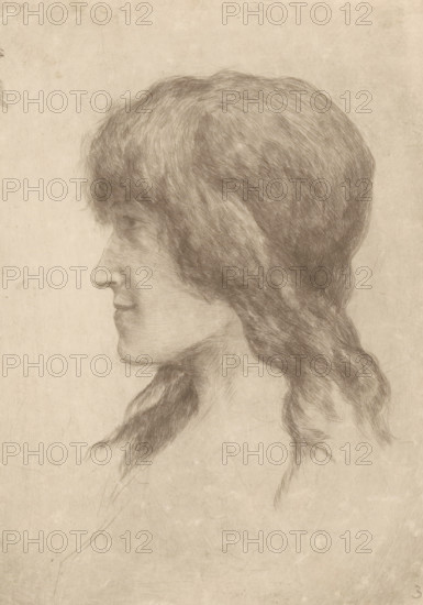 Head of a young woman, print, printmaker: Philip Zilcken, 1867 - 1913, drypoint, intaglio printmaking technique, height 199 mm x width 142 mm, adolescent, young woman, maiden, A pencil drawing of a person in profile facing left, showing the head and upper neck with long, textured hair that falls in loose waves and braids, a defined nose and closed lips, subtle shading on the cheek and jaw, and a plain, lightly textured background.