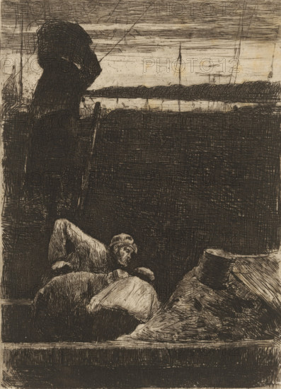 Harbour Workers, Coal Carriers (original title), print, printmaker: Willem de Zwart, c. 1886, paper, etching, drypoint, intaglio printmaking technique, height 212 mm x width 155 mm, harbour, coal-shovel, A dark, heavily crosshatched scene shows a large shadowed figure standing to the left, holding something long and vertical, with a textured horizon and sky in the background; in the foreground there are three reclining figures with visible clothing folds and one wearing a tall hat, and the central reclining figure has a visible face turned sideways.