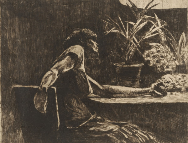 Woman at a table with flowers (original title), print, printmaker: Willem de Zwart, c. 1888 - c. 1890, paper, etching, drypoint, intaglio printmaking technique, height 151 mm x width 199 mm, Print appeared in 1892 as part of the annual publication of the 'Portefeuille der Nederlandsche Etsclub'., flowers, interior of the house, sitting figure - AA - female human figure, A monochrome etching of a seated woman leaning on a table with one arm extended across the surface, her head turned slightly and resting on her hand, wearing a dress with visible folds and a tied scarf at the back, a potted plant with long leaves and another flowering plant on the table beside her, textured crosshatched shading filling the background and defining the figures and objects.