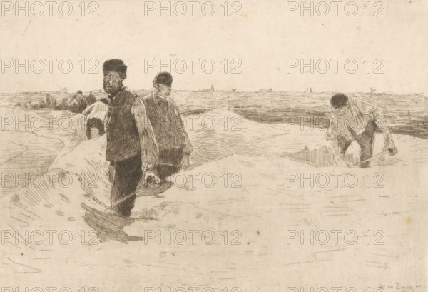Zanddiggers (original title), print, printmaker: Willem de Zwart, c. 1887 - c. 1888, paper, etching, drypoint, intaglio printmaking technique, height 159 mm x width 225 mm, digging (industrial process), sand (soil type), A monochrome sketch of a shoreline scene shows three men in the foreground standing on sandy mounds and a fourth man bent over digging with a spade near the water; the standing figures wear simple work clothing with one wearing a dark cap and another a lighter cap, and one carries a tool or bucket in his hand; the horizon features a flat expanse of water with faint outlines of sailboats and low structures, and the foreground is filled with textured lines indicating sand and shallow depressions.
