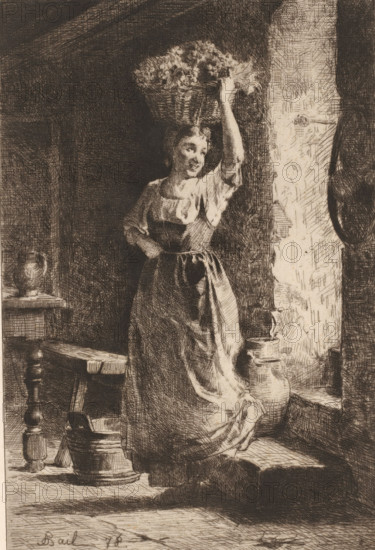 Vintage, La vendange, print, Top right numbered 439., watermark, printmaker: Antoine Bail, France, publisher: Alfred Cadart, Paris, 1878, paper, etching, intaglio printmaking technique, height 295 mm x width 197 mm, grape harvest, Interior, Interiority, A woman stands near a doorway wearing a long dress with an apron tied at her waist, one arm bent with a hand resting on her hip and the other raised to steady a woven basket of flowers balanced on her head; her face is turned slightly to the side and she appears to be smiling. The interior shows a rough textured wall by the doorway, a tall vessel on the floor beside her, a wooden stool and a small table with a pitcher on it, and various carved wooden furniture elements and household containers arranged on the floor and steps, all rendered in fine crosshatched lines.