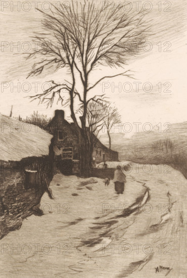 Winter evening (original title on object), print, Farms along a road with bare trees, on the road a woman with a dog., printmaker: Philip Zilcken, after painting by Anton Mauve, 1867 - 1890, paper, chine collé, etching, drypoint, intaglio printmaking technique, height 230 mm x width 174 mm, road, path, farm (building), A sepia-toned sketch of a rural scene showing a winding snow-covered path leading past a small stone building with a steep roof and a chimney, bare trees with intricate branching rising prominently behind and beside the building, a lone figure wrapped in a cloak walking away along the path accompanied by a small dog, low stone walls and scattered vegetation flanking the route, distant hazy fields or hills under a textured sky with fine crosshatching.
