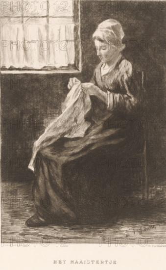 The Little Seamstress (original title on object), print, printmaker: Philip Zilcken, after painting by Jozef Israëls, 1867 - 1890, paper, chine collé, etching, drypoint, intaglio printmaking technique, etching and drypoint, with plate tone, on chine collé, height 228 mm x width 172 mm, adult woman, sewing, A monochrome illustration of a seated woman facing sideways, wearing a headscarf and a long dress, holding and working on a piece of fabric in her hands; she sits by a window with a simple pane and a curtain, and the interior shows a plain wall and wooden floor, with shading and fine crosshatch lines throughout the image.