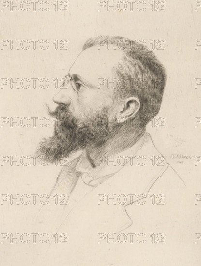 Portrait of Pol de Mont, print, printmaker: Philip Zilcken, 1890 - 1913, paper, drypoint, intaglio printmaking technique, drypoint with plate tone on chine collé, height 177 mm x width 132 mm, Person, Pol de Mont, historical persons, A pencil portrait of a man in profile facing left, showing a high forehead, short hair, a full beard and mustache with a curled tip, and a visible ear; he wears small round spectacles and a collared shirt with a jacket, all rendered with fine, detailed lines on a light, textured background.
