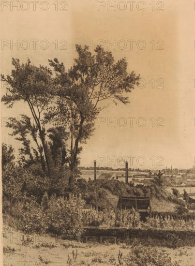 Landscape with buildings surrounding Saint-Walburg, print, printmaker: François Maréchal, 1891, paper, etching, intaglio printmaking technique, etching with plate tone, height 300 mm x width 218 mm, landscapes, Sainte-Walburge, A sepia-toned landscape drawing showing a large tree with dense foliage on the left foreground, branches and leaves rendered in fine crosshatching, a sloping grassy hill with shrubs and tall plants extending downward, a small shelter with a pitched roof nestled among vegetation near the center, two tall vertical chimneys rising in the middle distance beyond the hill, a stretch of flat land and distant low buildings along the horizon, and a wide expanse of empty sky occupying the upper portion of the image.