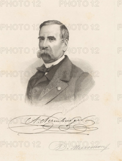 A, Neremburger, Portrait of A. Neremburger, print, printmaker: François de Meersman, 1840 - 1905, paper, engraving, etching, engraving and etching, height 164 mm x width 122 mm, Person, A. Neremburger, historical persons, adult man, mustache, A detailed engraved portrait of an older man shown from the chest up facing slightly left, with short combed hair, prominent bushy mustache, and defined facial features, wearing a high-collared shirt, bow tie, and a textured coat with visible buttons and patterned lapel, set against a light, plain background with faint shading around the figure and ornamental flourishes below the portrait.