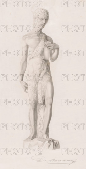 Image of John the Baptist, Commence par domandor terminé par De Meersman, print, printmaker: François de Meersman (signed by artist), after sculpture by unknown, 1840 - 1905, unknown, after sculpture by, paper, etching, height 302 mm x width 192 mm, Representation is based on a Renaissance statue in the Bargello in Florence., Person, John the Baptist, possible attributes: book, reed cross, baptismal cup, honeycomb, lamb, staff, A monochrome drawing of a standing male figure on a textured rectangular base, shown full-length from head to feet, with a faint circular halo outline above the head; the figure has short curly hair and a downward gaze, a lean torso with visible musculature, one arm hanging relaxed at the side and the other bent to hold a small vessel against the chest; a patterned draped cloth covers one shoulder and wraps around the waist and down the front, partially revealing the legs; the feet rest flat on the base and a vertical support element runs behind the legs; the ba...