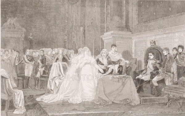 Divorce of Napoleon and Joséphine, print, inscription: '1e état', printmaker: François de Meersman (signed by artist), after painting by Henri Frédéric Schopin, 1840 - 1905, paper, etching, proof print, height 315 mm x width 450 mm, Napoleon dissolved the marriage between him and Joséphine in 1809 because the marriage remained childless. He remarried in 1810., Person, Napoleon I (Emperor of the French), Joséphine de Beauharnais, divorce, throne-room, A large room with high walls and tall drapery contains a group of people in historical dress gathered around a central table. A woman in a light flowing gown and veil stands near the table, holding a small object in her hand and looking forward. Beside her, a man in formal robes leans on the table, his hand resting on draped fabric and nearby objects. To the right, a seated man in a military uniform occupies an ornate high-backed chair, flanked by uniformed officers standing close by. To the left and in the background, several more figures...
