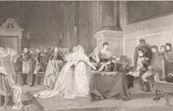 Divorce of Napoleon and Joséphine, print, inscription: '2 me état', printmaker: François de Meersman (signed by artist), after painting by Henri Frédéric Schopin, 1840 - 1905, paper, etching, engraving, height 310 mm x width 445 mm, Napoleon dissolved the marriage between him and Joséphine in 1809 because the marriage remained childless. He remarried in 1810., Person, Napoleon I (Emperor of the French), Joséphine de Beauharnais, divorce, throne-room, A large formal interior scene shows a group of people arranged across a room with high walls and draped curtains. At center foreground a woman in a long light dress and draped veil stands with another woman leaning toward her, their garments detailed with ruffles and flowing trains. To their right a table covered with a dark cloth holds small ornamental objects and a book, behind which a seated older man in robes gestures while a younger man stands beside him with a cloak over his shoulders. Further right a soldier in a decorated uniform s...