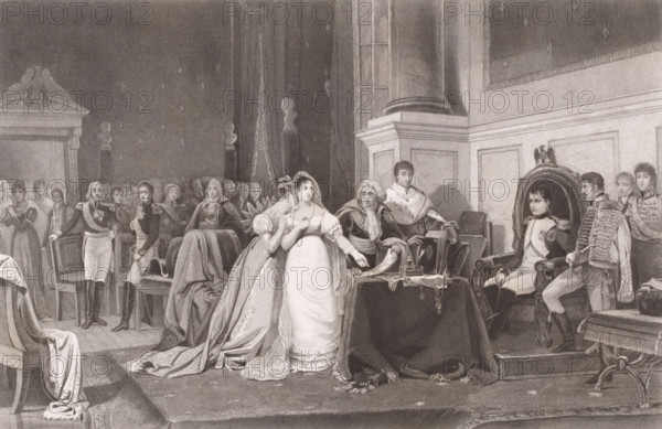 Divorce of Napoleon and Joséphine, print, inscription: '5 me état', printmaker: François de Meersman (signed by artist), after painting by Henri Frédéric Schopin, 1840 - 1905, paper, etching, engraving, etching and engraving, height 343 mm x width 464 mm, Napoleon dissolved the marriage between him and Joséphine in 1809 because the marriage remained childless. He remarried in 1810., Person, Napoleon I (Emperor of the French), Joséphine de Beauharnais, divorce, throne-room, A large grayscale engraving shows a formal interior with high walls, heavy curtains, and classical architectural details; a central woman in a white gown and veil stands with a hand at her chest while another woman in an elaborate dress leans toward her; nearby a table draped with a cloth holds papers and an inkwell, and a seated older man in ceremonial robes gestures toward the women; to the right a man in a military uniform sits in an ornate high-backed chair while other uniformed men stand around him, some holding...