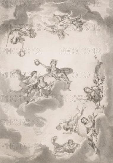 Allegorical representation towards a ceiling in Fontainebleau, print, annotation: '3me état', printmaker: François de Meersman (signed by artist), Belgium, 1884, paper, chine collé, etching, height 498 mm x width 370 mm, (decorated) ceiling, Roman deities, and foreign deities included in the classical Pantheon, Fontainebleau, A sepia-toned engraving shows figures seated and reclining on clouds across the composition, many draped in flowing robes and some wearing wreaths on their heads. In the central area a seated female figure holds a wreath out toward two partially nude companions who recline nearby, while another figure beside them holds a round shield. Around them other figures float among billowing clouds, some playing pipes, some holding staffs or trumpets, and one extending an arm upward with a garland. The clouds vary in density and texture, forming soft, layered shapes that frame the figures, and the overall scene presents graceful, curving lines and delicate shading throughou...