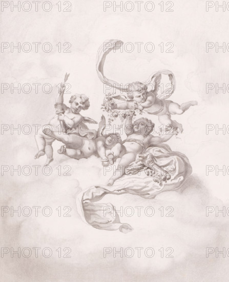 Putti on clouds with flowers and quivers, print, inscription: '3rd stage. De Meersman f 82', printmaker: François de Meersman (signed by artist), 1882, paper, etching, height 406 mm, width 316 mm, The image is based on a ceiling in a bathing room at the Palace of Fontainebleau., cupids: 'amores', 'amoretti', 'putti', attributes of Cupid: arrow(s), A sepia-toned engraving shows four cherubic children with small wings reclining and floating on soft, swirling clouds; one child lies on its back with an arm raised and a garland of flowers near its hand, another reclines with a hand holding a small object and feet extended, a third grasps a bundle and raises a sprig, and the fourth hovers above reaching toward the garland while a flowing ribbon loops behind; draped fabric lies beneath them and delicate cloud textures fill the surrounding space.