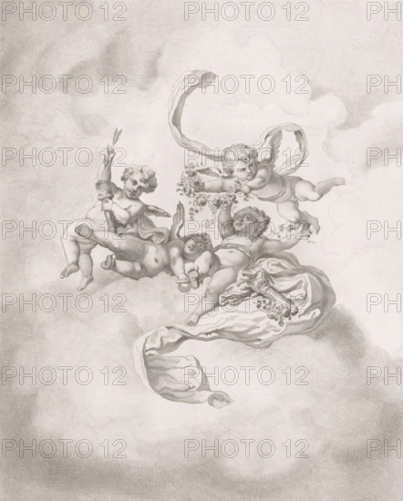 Putti on clouds with flowers and quivers, print, inscription: '2nd etat. De Meersman f 82', printmaker: François de Meersman (signed by artist), 1882, paper, etching, height 407 mm, width 314 mm, The image is based on a ceiling in a bathing room at the Palace of Fontainebleau., cupids: 'amores', 'amoretti', 'putti', attributes of Cupid: arrow(s), A pale, detailed engraving of four cherubic figures among soft, swirling clouds, each with small wings and rounded bodies; one cherub reclines on flowing drapery and holds a garland of flowers, another floats above scattering blossoms, a third grasps a torch-like object while extending an arm upward, and a fourth lies on its side with an arm raised; ribbons and folds of cloth trail among the figures, and delicate shading creates textured clouds filling the background.