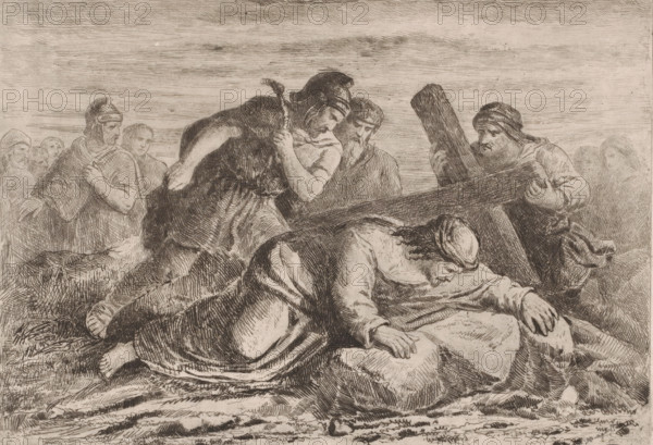 Christ falling under the burden of the cross, print, printmaker: Joseph Meganck, 1817 - 1891, paper, etching, intaglio printmaking technique, drypoint, plate tone and drypoint, height 185 mm x width 259 mm, Person, Jesus Christ, Christ collapsing, carrying of the cross, A monochrome etching shows a group of people clustered around a fallen figure who lies face down on a draped surface, head bowed and wearing a simple head covering, with one arm extended and hand resting palm down. A heavy wooden beam crosses the scene, held by a bearded man wearing a cap on the right and supported by others nearby. Several figures in varied garments and headwear strain or lean toward the central figure, one gripping a rope over his shoulder and another kneeling or bending close to the fallen person. In the background a loosely sketched crowd forms a horizontal band, and the sky above is filled with horizontal hatch marks; textured lines and crosshatching define folds in clothing, facial features, and t...