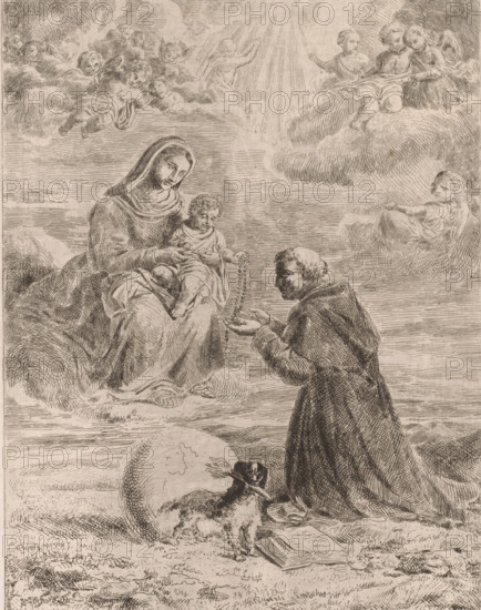 Appearance of Mary with the Christ Child to Saint Dominic, print, Christ gives a rosary to Dominic., inscription: '1 Etat', printmaker: Joseph Meganck, 1817 - 1891, paper, etching, intaglio printmaking technique, etching with plate tone, height 335 mm x width 254 mm, Dominic(us) Guzman of Calerueja, founder of the Order of Preachers (or Dominican (Black) Friars, possible attributes: book, dog with flaming torch, lily, loaf of bread, rosary, star, the Virgin Mary (or the infant Christ in her lap) hands over a rosary to St. Dominic, who kneels before her, usually St. Catharine of Siena is also present, A seated woman with a head covering holds a small child on her lap while offering a beaded object toward a kneeling man in a robe whose hands are cupped to receive it, both figures positioned on clouds; surrounding them are multiple cherubic figures among more clouds and rays of light descending from above; in the lower foreground a small dog stands near an open book and a globe-like spher...