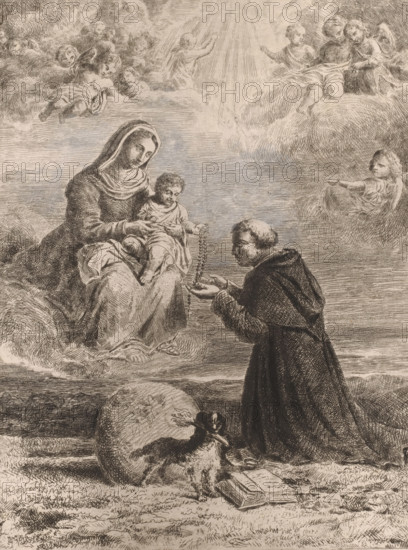 Appearance of Mary with the Christ Child to Saint Dominic, print, Christ gives a rosary to Dominic., inscription: '2e Etat', printmaker: Joseph Meganck, 1817 - 1891, inorganic material, paper, chalk, etching, intaglio printmaking technique, etching with plate tone, edited with white and black chalk, height 340 mm x width 250 mm, Dominic(us) Guzman of Calerueja, founder of the Order of Preachers (or Dominican (Black) Friars, possible attributes: book, dog with flaming torch, lily, loaf of bread, rosary, star, the Virgin Mary (or the infant Christ in her lap) hands over a rosary to St. Dominic, who kneels before her, usually St. Catharine of Siena is also present, A seated woman wearing a draped head covering and long flowing robes holds a small child on her lap while offering a string of beads that dangles toward a kneeling man in a dark cloak whose hands are cupped to receive them; the figures sit among softly rendered clouds populated by several cherubic faces and small winged childre...