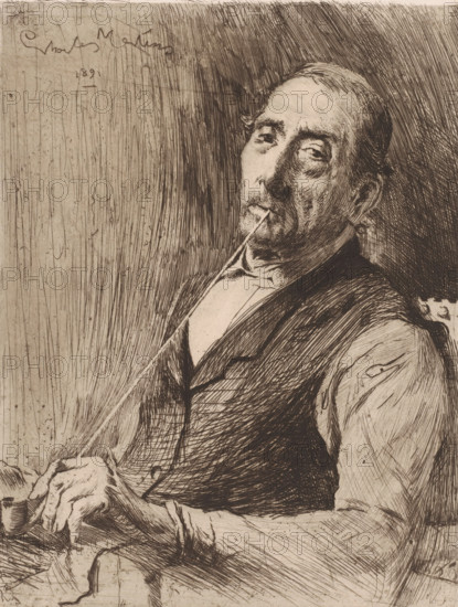 Man smoking a long pipe, print, printmaker: Charles Mertens, 1891, paper, etching, intaglio printmaking technique, drypoint, drypoint and plate tone, height 270 mm x width 208 mm, adult man, pipe, tobacco, A sepia-toned etched portrait of an older man shown from the torso up, reclining slightly with a composed facial expression and partially closed eyes, wearing a collared shirt and a dark vest, his hair combed back and his right hand resting on his lap while his left hand is visible near the bottom edge, the background filled with dense vertical and curved hatch marks and the overall image rendered with fine cross-hatched lines and textured shading.