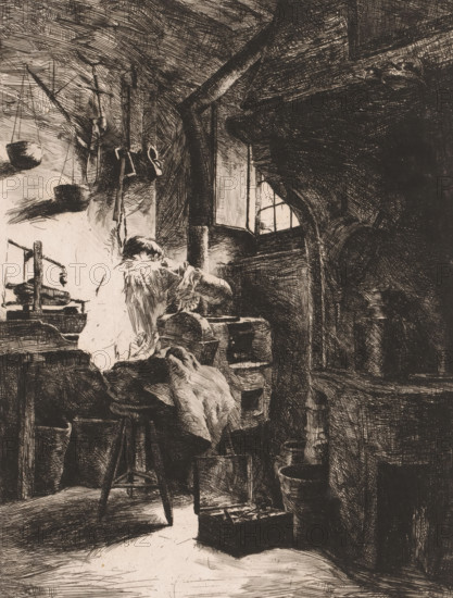 Engraver at work in a workshop, print, inscription: '1e état', printmaker: Charles Mertens, 1875 - 1913, paper, etching, intaglio printmaking technique, etching with plate tone, height 320 mm x width 235 mm, artist at work, in his workshop, A monochrome sketch of an interior space showing a seated figure draped in loose clothing leaning forward at a work surface, surrounding furniture and tools rendered with dense crosshatching, a small window letting light through a rough wall, hanging objects and suspended containers on the left, a large supportive beam and dark recessed area to the right, scattered boxes and buckets on the floor, and varied textures of wood, fabric, and stone throughout.