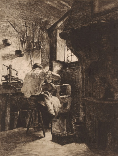 Etcher at work in a workshop, print, mark: 'Antwerpsche Etsers 1880', printmaker: Charles Mertens, 1875 - 1913, paper, etching, intaglio printmaking technique, roulette, plate tone and roulette, height 323 mm x width 240 mm, artist at work, in his workshop, A sepia-toned sketch of an interior scene showing a person seated on a stool facing away, hunched over a work surface with a cloth draped over their legs, a window to their right casting light into the space, various hanging tools and vessels on the left wall, a workbench with objects and a small balance scale nearby, rough wooden beams and a large overhanging structure framing the upper right, and stacked boxes and buckets on the floor near the right side.