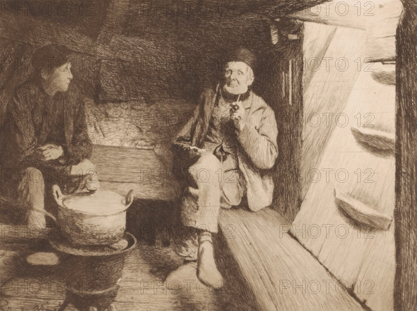 Two men rest in the hold of a ship, print, printmaker: Charles Mertens, Belgium, 1875 - 1913, paper, etching, intaglio printmaking technique, height 239 mm x width 313 mm, seaman, parts of ship's interior, A sepia-toned sketch shows an interior scene with two seated figures facing each other; one figure on the left appears younger with short hair and hands near a large pot or basin on the floor, while the other figure on the right appears older, wearing a cap and coat and holding something up near the face. The space includes a plank floor, rough textured walls, beams above, and a bright opening at the right edge revealing horizontal shapes outside. Shadows and crosshatched lines create depth and contrast throughout the composition.