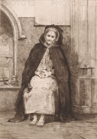 Old beggar woman seated in front of the Basilica of Our Lady of Scherpenheuvel, print, inscription: '1e état', printmaker: Charles Mertens (signed by artist), 1883, paper, etching, intaglio printmaking technique, drypoint, plate tone and drypoint, height 270 mm x width 196 mm, old woman, beggar, place of pilgrimage, sacred place, Scherpenheuvel, Basilica of Our Lady of Scherpenheuvel, An elderly woman sits facing forward wearing a dark hooded cloak over a light dress and apron, her hands clasped in her lap, a lined face with a neutral expression framed by a bonnet, bare feet visible beneath the hem, and she is positioned against a textured wall with an arched niche to one side and architectural paneling on the other.