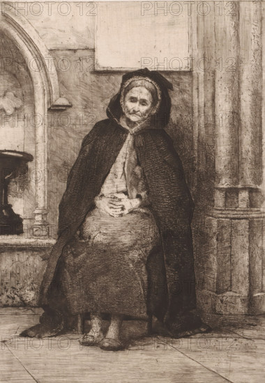 Old beggar woman seated in front of the Basilica of Our Lady of Scherpenheuvel, print, inscription: '2e état', printmaker: Charles Mertens (signed by artist), 1883, paper, etching, intaglio printmaking technique, drypoint, plate tone and drypoint, height 270 mm x width 197 mm, old woman, beggar, place of pilgrimage, sacred place, Scherpenheuvel, Basilica of Our Lady of Scherpenheuvel, An elderly woman sits on a simple stool against a stone wall, wearing a dark hooded cloak over a layered dress and a close-fitting cap, her hands folded in her lap and her feet in plain shoes; the scene shows nearby architectural elements including a rounded niche with a ledge and a column with fluted detailing, and the image is rendered in fine ink or etching lines with a muted, monochrome tone.
