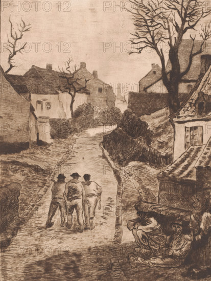 Three men walking on a road in a mining village, print, printmaker: Karl Meunier, after painting by Constantin Emile Meunier, 1892, paper, etching, intaglio printmaking technique, drypoint, plate tone and dry needle, height 299 mm x width 208 mm, public road in village, village, laborers returning home, miner, A sepia-toned sketch of a village street flanked by houses and bare trees, showing three figures walking away from the viewer down a rutted road, rooflines and chimneys of cottages on either side, leafless branches reaching into the sky, dense hedges and rough stone walls along the roadside, a crouched figure seated near the foreground beside a building with a shuttered window, textured shading across rooftops, paths, and ground creating a worn, rustic atmosphere.